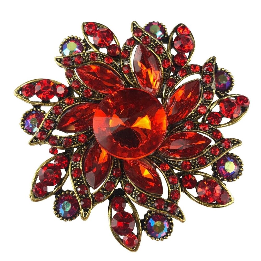 Rhinestone Brooch Gold Tone Pinwheel Flower Red & A/B